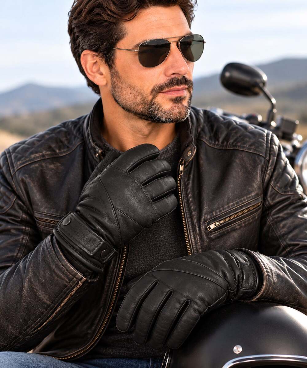 ARIS Men's Black Leather Gloves Size L Knit Lined Classic Moto Biker